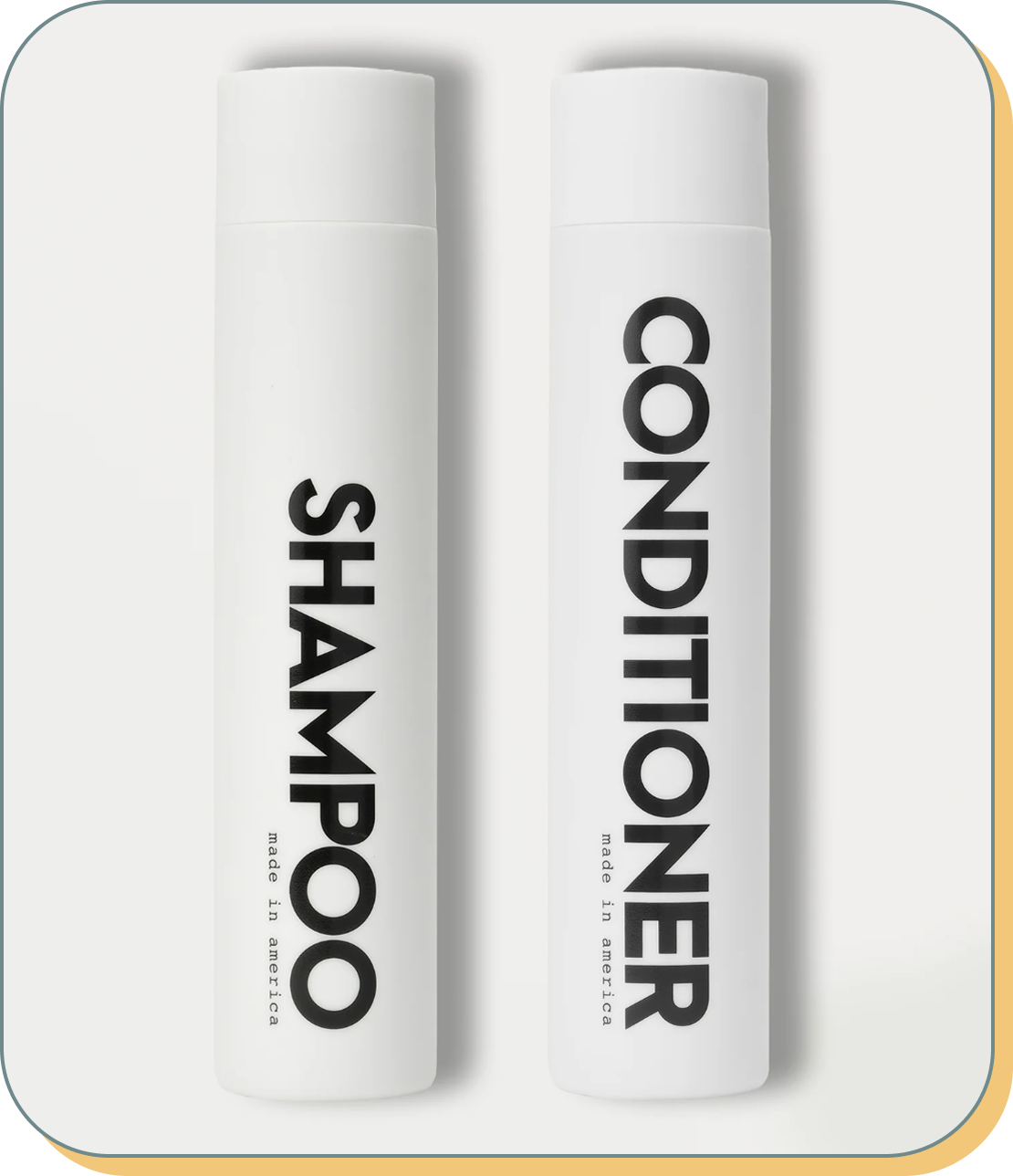 Two white cylindrical containers with black text, one labeled 'SHAMPOO' and the other 'CONDITIONER', placed on a white background.